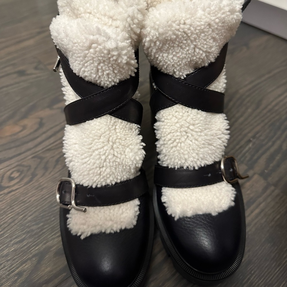 Christian Louboutin Black Leather and Cream Shearling Boots